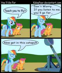 Size: 600x700 | Tagged: safe, artist:kdogfour, rainbow dash, scootaloo, pegasus, pony, g4, catapult, comic, comic sans, dialogue, duo, duo female, female, filly, foal, implied scootabuse, mare, speech bubble