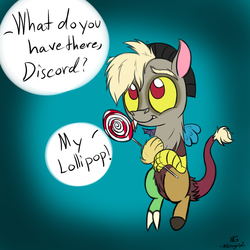 Size: 900x900 | Tagged: source needed, useless source url, safe, artist:microgrid, discord, draconequus, g4, baby discord, cute, discute, foal, holding, lollipop, male, solo