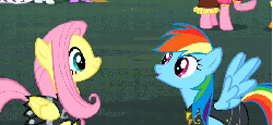 Size: 701x323 | Tagged: safe, screencap, chancellor puddinghead, commander hurricane, fluttershy, pinkie pie, private pansy, rainbow dash, pony, g4, hearth's warming eve (episode), season 2, animated, cute, dashabetes, female, gif, shyabetes