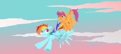 Size: 3263x1472 | Tagged: safe, artist:madcookiefighter, rainbow dash, scootaloo, pegasus, pony, g4, female, filly, mare, scootaloo can fly