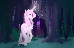 Size: 1000x653 | Tagged: safe, artist:clockworknightmare, fleur-de-lis, pony, unicorn, g4, female, glowing horn, horn, solo, tree