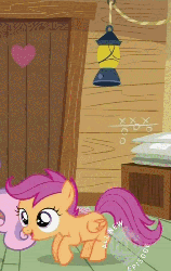 Size: 319x504 | Tagged: safe, screencap, scootaloo, sweetie belle, pegasus, pony, unicorn, family appreciation day, g4, animated, cropped, cute, cutealoo, female, filly, gif, hub logo, idea, lantern, offscreen character, solo focus