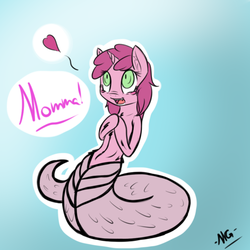 Size: 500x500 | Tagged: safe, artist:microgrid, ruby pinch, lamia, original species, g4, blush sticker, blushing, floating heart, heart, lamiafied, naga pinch, open mouth, ruby naga, solo, species swap