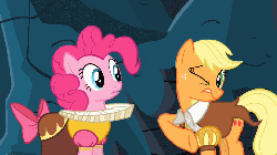Size: 720x405 | Tagged: safe, screencap, applejack, chancellor puddinghead, pinkie pie, smart cookie, earth pony, pony, g4, hearth's warming eve (episode), season 2, animated, cute, duo, female, gif, hearth's warming eve, hug