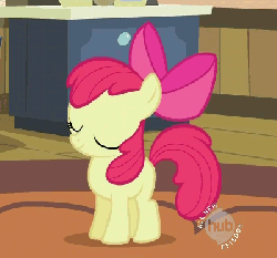 Size: 400x374 | Tagged: safe, screencap, apple bloom, earth pony, pony, family appreciation day, g4, season 2, adorabloom, animated, apple bloom's bow, bow, cabinet, cropped, cute, female, filly, foal, hair bow, hub logo, indoors, jumping, loop, pronking, rug, solo, talking, the hub