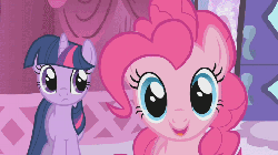Size: 720x405 | Tagged: safe, edit, edited screencap, screencap, pinkie pie, twilight sparkle, g4, suited for success, animated, close-up, duo, female, smiling