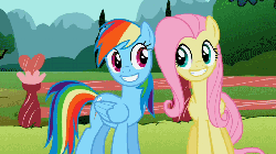 Size: 720x405 | Tagged: safe, screencap, fluttershy, rainbow dash, pegasus, pony, g4, may the best pet win, season 2, animated, blinking, duo, faic, female, gif, mare