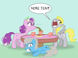 Size: 1950x1463 | Tagged: safe, artist:professor-ponyarity, derpy hooves, screw loose, screwball, earth pony, pegasus, pony, g4, brandon rogers, cup, dialogue, eye clipping through hair, female, insanity, mare, open mouth, table, tea, tea party, teacup, trio