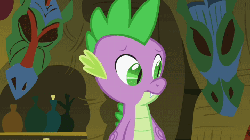 Size: 720x405 | Tagged: safe, screencap, spike, dragon, g4, season 2, secret of my excess, animated, evil smile, greed spike, grin, implied zecora, male, smiling, solo, spike want, teenage spike