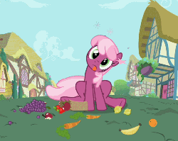 Size: 509x406 | Tagged: safe, screencap, cheerilee, earth pony, pony, g4, season 2, secret of my excess, animated, apple, banana, carrot, circling stars, derp, dizzy, female, grapes, groceries, lemon, male, orange, strawberry, tongue out
