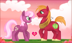 Size: 900x538 | Tagged: safe, artist:mn27, big macintosh, cheerilee, earth pony, pony, g4, female, heart, male, mare, ship:cheerimac, shipping, stallion, straight