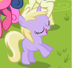 Size: 357x341 | Tagged: safe, screencap, aura (g4), bon bon, cherry berry, dinky hooves, sweetie drops, earth pony, pony, unicorn, g4, season 2, the mysterious mare do well, animated, cropped, cute, dancing, dinkabetes, female, hoofy-kicks, horses doing horse things, loop, offscreen character, solo focus