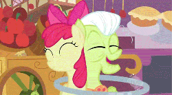 Size: 500x277 | Tagged: safe, screencap, apple bloom, granny smith, earth pony, pony, g4, season 2, the cutie pox, animated, apple, apple bloom's bow, bow, cart, clothes, duo, eyes closed, female, filly, foal, food, grandmother and grandchild, grandmother and granddaughter, grandparent and grandchild moment, granny smith's shawl, hair bow, hub logo, logo, loop, loop-de-hoop, mare, open mouth, outdoors, pie, ponyville, scarf, smiling, the hub