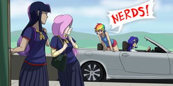 Size: 1280x640 | Tagged: safe, artist:7nights, fluttershy, rainbow dash, rarity, twilight sparkle, human, g4, car, clothes, cute, dialogue, female, flutternerd, humanized, nerd, revenge of the nerds, school uniform, skirt, speech bubble