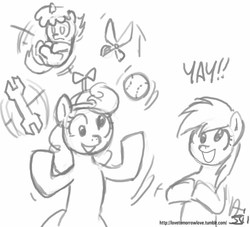 Size: 1000x909 | Tagged: safe, artist:johnjoseco, derpy hooves, dinky hooves, screwball, pegasus, pony, g4, female, grayscale, juggling, mare, monochrome, pony juggle, sketch, yay