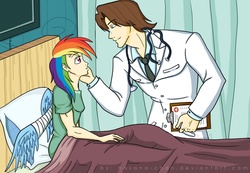 Size: 1300x900 | Tagged: safe, artist:hasana-chan, doctor horse, doctor stable, rainbow dash, human, g4, read it and weep, bandage, bandaged wing, duo, female, hospital, humanized, implied shipping, male, shipping, stabledash, straight, winged humanization