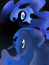 Size: 600x800 | Tagged: safe, artist:zonybrony, nightmare moon, princess luna, alicorn, pony, g4, duo, female, looking at you, mare
