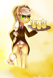 Size: 972x1410 | Tagged: safe, artist:si1vr, applejack, earth pony, pony, g4, alcohol, bipedal, cider, clothes, female, solo, suit
