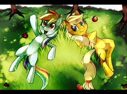 Size: 1720x1278 | Tagged: dead source, safe, artist:si1vr, applejack, rainbow dash, earth pony, pegasus, pony, g4, apple, duo, duo female, female, food, mare, on back