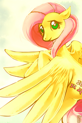 Size: 750x1125 | Tagged: safe, artist:si1vr, fluttershy, pegasus, pony, g4, bright, female, looking at you, mare, smiling, solo, spread wings, wings