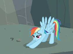 Size: 800x600 | Tagged: safe, screencap, rainbow dash, pegasus, pony, g4, may the best pet win, season 2, animated, brony history, female, gif, it begins, iwtcird, mare, meme origin, scrunchy face, solo, stretching