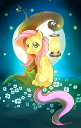 Size: 1281x2031 | Tagged: safe, artist:si1vr, fluttershy, firefly (insect), pegasus, pony, g4, female, flower, folded wings, lantern, looking at you, looking back, looking back at you, mare, moon, night, rear view, sitting, solo, turned head