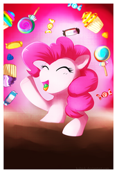 Size: 794x1178 | Tagged: safe, artist:si1vr, pinkie pie, earth pony, pony, g4, bust, candy, chocolate, cupcake, eyes closed, female, food, lollipop, mare, open mouth, solo