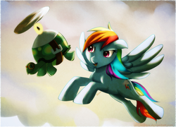 Size: 1000x719 | Tagged: safe, artist:si1vr, rainbow dash, tank, pegasus, pony, tortoise, g4, cloud, cloudy, female, flying, looking at something, propeller, smiling, spread wings, wings