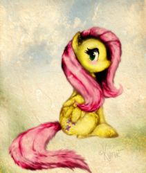 Size: 1704x2020 | Tagged: safe, artist:si1vr, fluttershy, pegasus, pony, g4, abstract background, female, fluffy, folded wings, looking at you, looking sideways, mare, profile, sitting, smiling, solo, wings