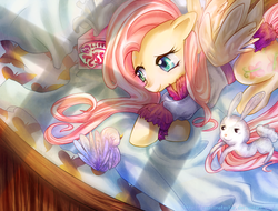 Size: 790x600 | Tagged: safe, artist:passionatestar, angel bunny, fluttershy, pegasus, pony, rabbit, g4, animal, bathrobe, clothes, morning ponies, robe, tissue, tissue box