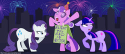 Size: 1632x704 | Tagged: safe, artist:hollowzero, rarity, screwball, twilight sparkle, g4, fireworks, new year, repent, the end is neigh, trio