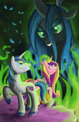 Size: 1970x3045 | Tagged: safe, artist:buckingawesomeart, princess cadance, queen chrysalis, shining armor, alicorn, changeling, changeling queen, pony, unicorn, g4, female, male, mare, raised hoof, stallion