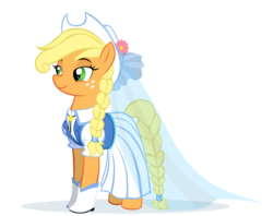 Size: 1008x799 | Tagged: safe, artist:moostargazer, applejack, earth pony, pony, g4, alternate hairstyle, boots, braid, clothes, dress, female, simple background, solo, transparent background, wedding dress