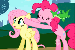 Size: 715x480 | Tagged: safe, screencap, fluttershy, gummy, pinkie pie, alligator, earth pony, pegasus, pony, g4, may the best pet win, season 2, animated, bipedal, bipedal leaning, biting, confused, eyes closed, female, gif, leaning, loop, male, mare, open mouth, party hard, party soft, rocking, smiling, trio