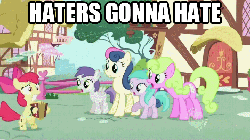 Size: 720x405 | Tagged: safe, edit, edited screencap, screencap, apple bloom, aura (g4), bon bon, daisy, flower wishes, sweetie drops, tornado bolt, earth pony, pegasus, pony, g4, season 2, the cutie pox, accordion, animated, best friends, cutie pox, female, filly, haters gonna hate, hub logo, image macro, loop-de-hoop, mare, musical instrument, plate spinning