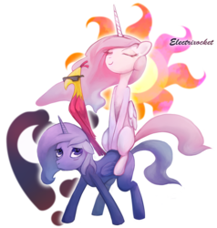 Size: 5120x5376 | Tagged: safe, artist:electrixocket, philomena, princess celestia, princess luna, phoenix, g4, absurd resolution, celestia riding luna, ponies riding ponies, riding, simple background, swag, transparent background