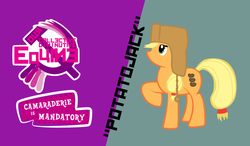 Size: 1016x594 | Tagged: safe, artist:altrform, applejack, earth pony, pony, g4, communism, female, food, hammer and sickle, potato, potatojack, solo