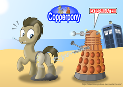 Size: 1280x907 | Tagged: safe, artist:aleximusprime, doctor whooves, time turner, earth pony, pony, g4, beach, butt, coppertone parody, dalek, doctor who, male, mouth hold, plot, stallion, tardis