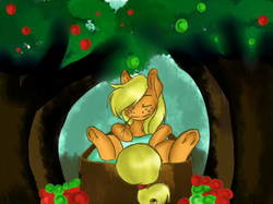 Size: 921x690 | Tagged: safe, artist:arnachy, applejack, earth pony, pony, g4, apple, bath, female, solo, sweet apple acres, tree, underhoof