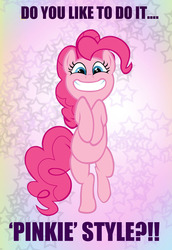 Size: 656x953 | Tagged: safe, artist:blindcavesalamander, pinkie pie, earth pony, pony, g4, big grin, big smile, bipedal, blue eyes, female, grin, happy, mare, meme, pink coat, pink fur, pink hair, pink mane, pink tail, rainbow background, random, smiling, solo, standing, standing on one leg, starry background, tail, vector