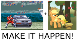 Size: 1180x640 | Tagged: safe, applejack, earth pony, pony, g4, apple, apple tree, applebucking, applejack's hat, bonus stage, car smash, cowboy hat, exploitable meme, female, hat, make it happen, mare, meta, street fighter, tree