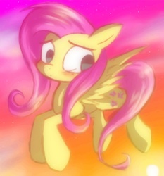 Size: 784x841 | Tagged: safe, artist:missbutlerart, fluttershy, pegasus, pony, g4, blushing, female, flying, looking away, looking down, mare, sky, solo, spread wings, three quarter view, wings