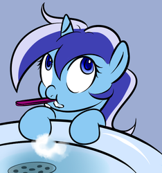 Size: 506x541 | Tagged: safe, artist:sb, minuette, pony, unicorn, g4, cute, female, filly, filly minuette, foal, minubetes, solo, toothbrush, younger