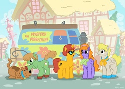 Size: 1400x1000 | Tagged: safe, artist:docwario, dog, earth pony, pegasus, pony, unicorn, daphne blake, fred jones, hilarious in hindsight, mystery inc, mystery machine, ponified, scooby-doo, scooby-doo!, shaggy rogers, velma dinkley