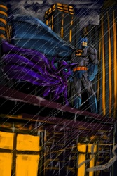Size: 1000x1500 | Tagged: safe, artist:tofutiles, mare do well, g4, the mysterious mare do well, bat signal, batman, crossover, gotham city, night, rain