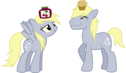 Size: 2182x1264 | Tagged: safe, artist:tehjadeh, derpy hooves, hugh jelly, pegasus, pony, g4, female, jelly, male, mare, muffin, simple background, stallion, transparent background