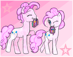 Size: 1684x1304 | Tagged: dead source, safe, artist:jaquelindreamz, pinkie pie, earth pony, pony, g4, bag, bubble berry, female, male, rule 63, self ponidox, selfcest, ship:bubblepie, shipping, straight, wink