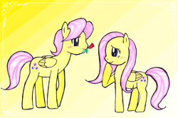 Size: 1892x1253 | Tagged: dead source, safe, artist:jaquelindreamz, fluttershy, g4, butterscotch, female, looking at each other, looking at someone, male, mare, rule 63, selfcest, ship:flutterscotch, shipping, stallion, straight