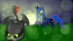 Size: 1920x1080 | Tagged: safe, artist:nyan-tortik, princess luna, alicorn, dragon, firefly (insect), night fury, pony, g4, crossover, dreamworks, female, how to train your dragon, mare, prosthetics, raised hoof, toothless the dragon