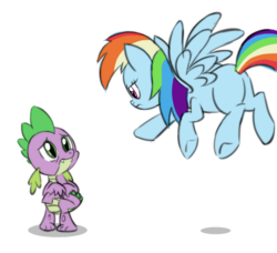 Size: 800x728 | Tagged: safe, artist:twiddlechimp, rainbow dash, spike, dragon, pegasus, pony, g4, butt, duo, female, male, mare, missing cutie mark, new rainbow dash, plot, rainbow dash is not amused, rainbutt dash, sad, simple background, unamused, white background